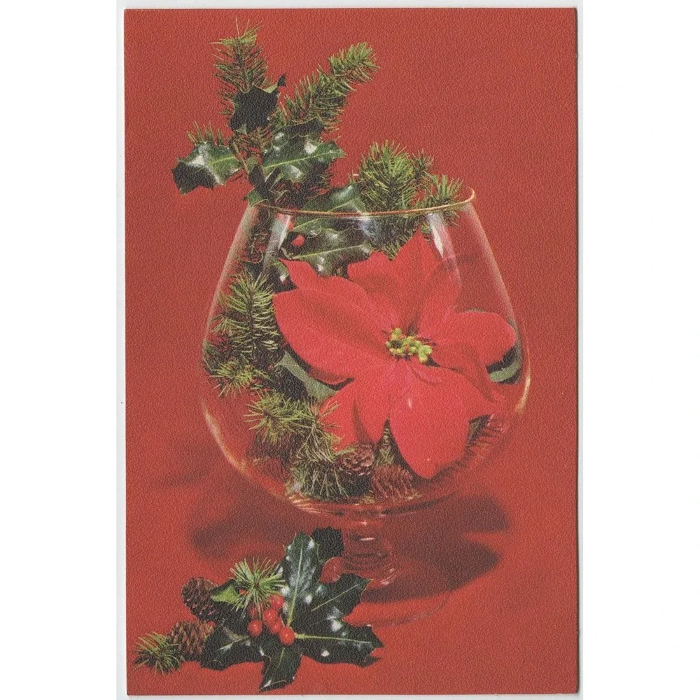 Vintage Hallmark Christmas Card Poinsettia Holly Glass Snifter 125PX 5-2